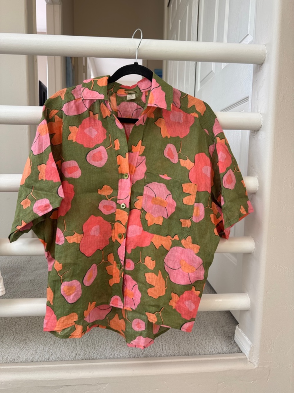 Magaschoni Olive Floral Linen Short-Sleeve Button-Down with Pink & Orange Blooms